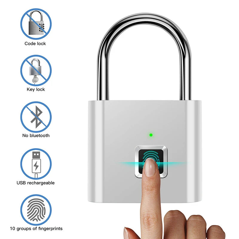 Black Silver USB Rechargeable Fingerprint Smart Lock - Zinc Alloy Security Padlock