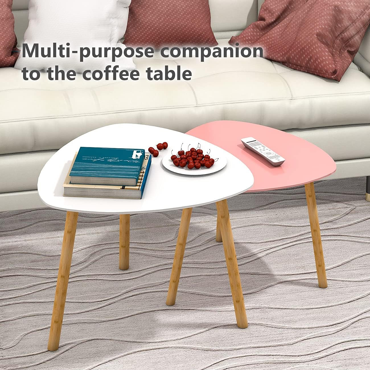 Bamboo Nesting Coffee Tables - Small Coffee Table for Living Room, Set of 2 Triangle End Table Modern Side Table for Bedroom Apartment Balcony Yard Small Spaces, (White &amp; Pink)