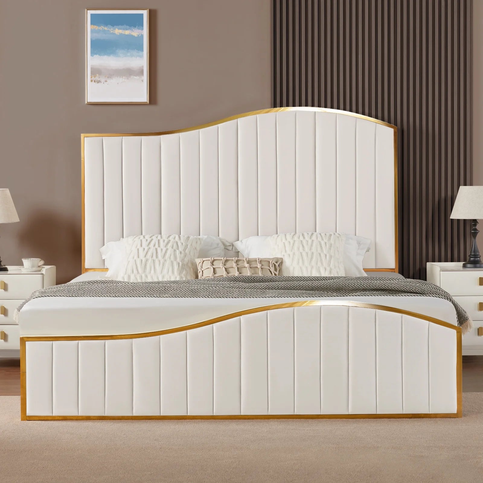 King Size Platform Bed Frame with Vertical Channel Gold Trim Headboard &amp; Footboard, Cream