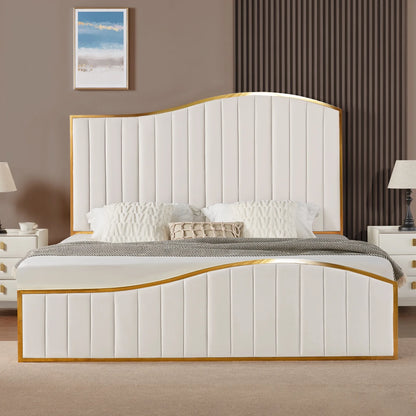 King Size Platform Bed Frame with Vertical Channel Gold Trim Headboard &amp; Footboard, Cream