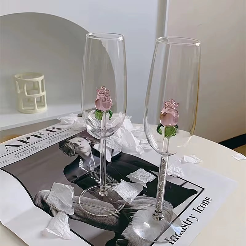 3D Pink Glass Rose Wine Goblet, Red and White Wine Glasses, Perfect Valentine Gift