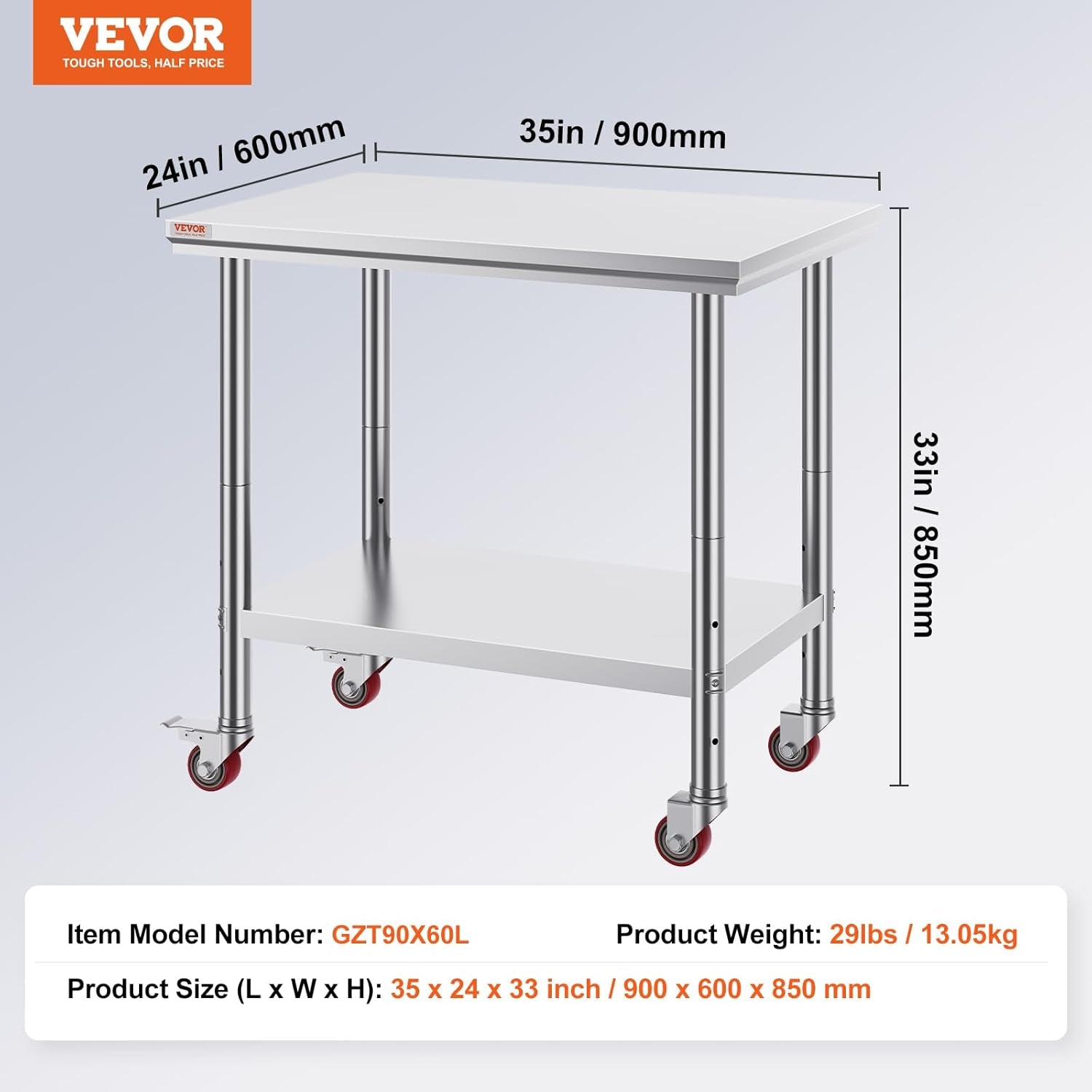 Mophorn 36x24 Inch Stainless Steel Work Table with Wheels for Commercial Kitchen