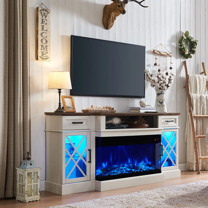 3-Sided Glass Farmhouse 70&quot; Fireplace TV Stand for Tvs up to 80&quot;, Highboy Entertainment Center with 36&quot; Electric Fireplace, Antique White