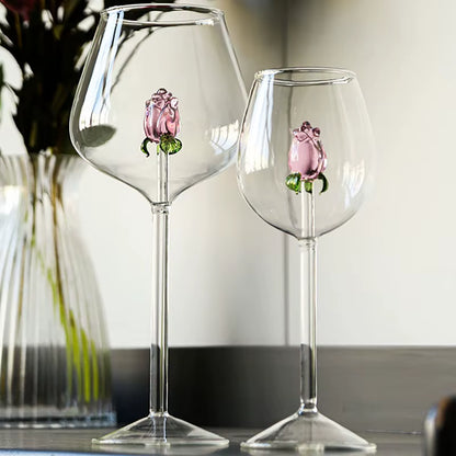 3D Pink Glass Rose Wine Goblet, Red and White Wine Glasses, Perfect Valentine Gift