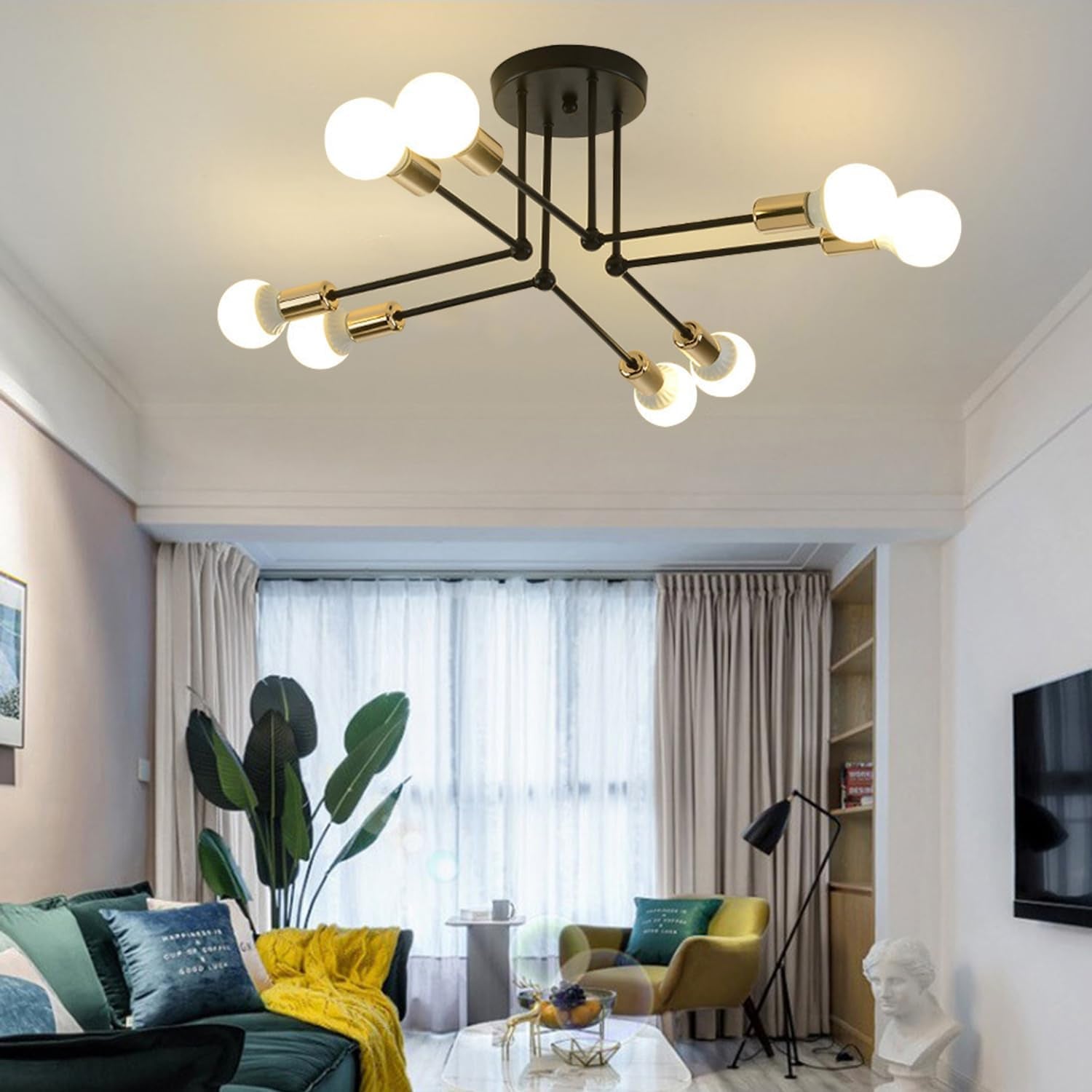 Semi Flush Mount Ceiling Light, E26 Sputnik Chandelier Lighting 8-Lights Kitchen Flush Mount Light Fixture for Dining,Room Living,Room Bedroom, Foyer