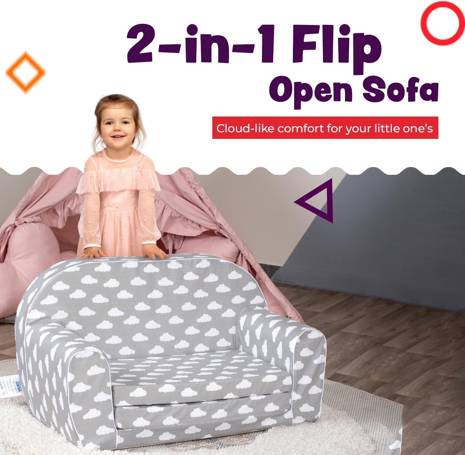 2-in-1 Foldable Toddler Sofa &amp; Bed - Comfy Nugget Couch with Washable Cover - Gray Clouds