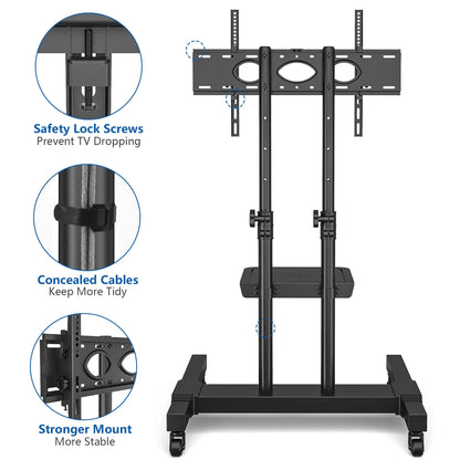 Modern Black Mobile TV Stand Rolling Cart with Wheels for 27 to 60 Inch Tvs, Black Metal Shelf