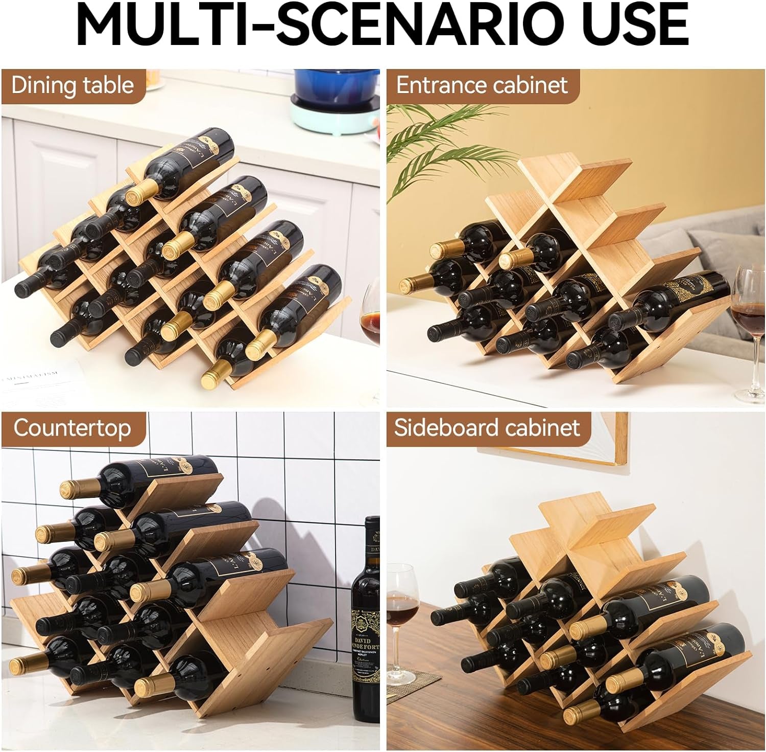 13-Bottle Wooden Wine Rack - 4-Tier Free Standing Display