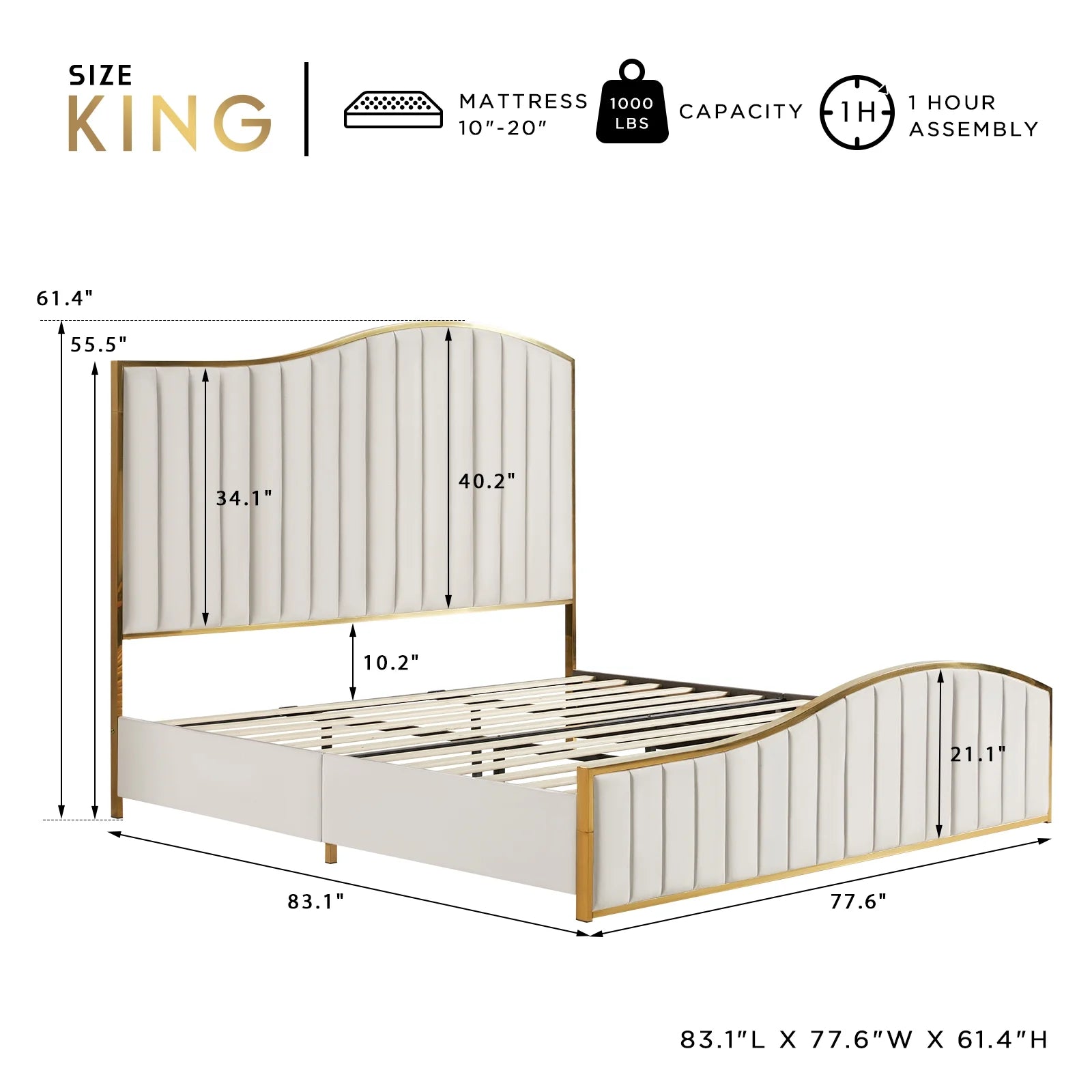 King Size Platform Bed Frame with Vertical Channel Gold Trim Headboard &amp; Footboard, Cream