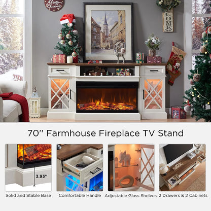 3-Sided Glass Farmhouse 70&quot; Fireplace TV Stand for Tvs up to 80&quot;, Highboy Entertainment Center with 36&quot; Electric Fireplace, Antique White