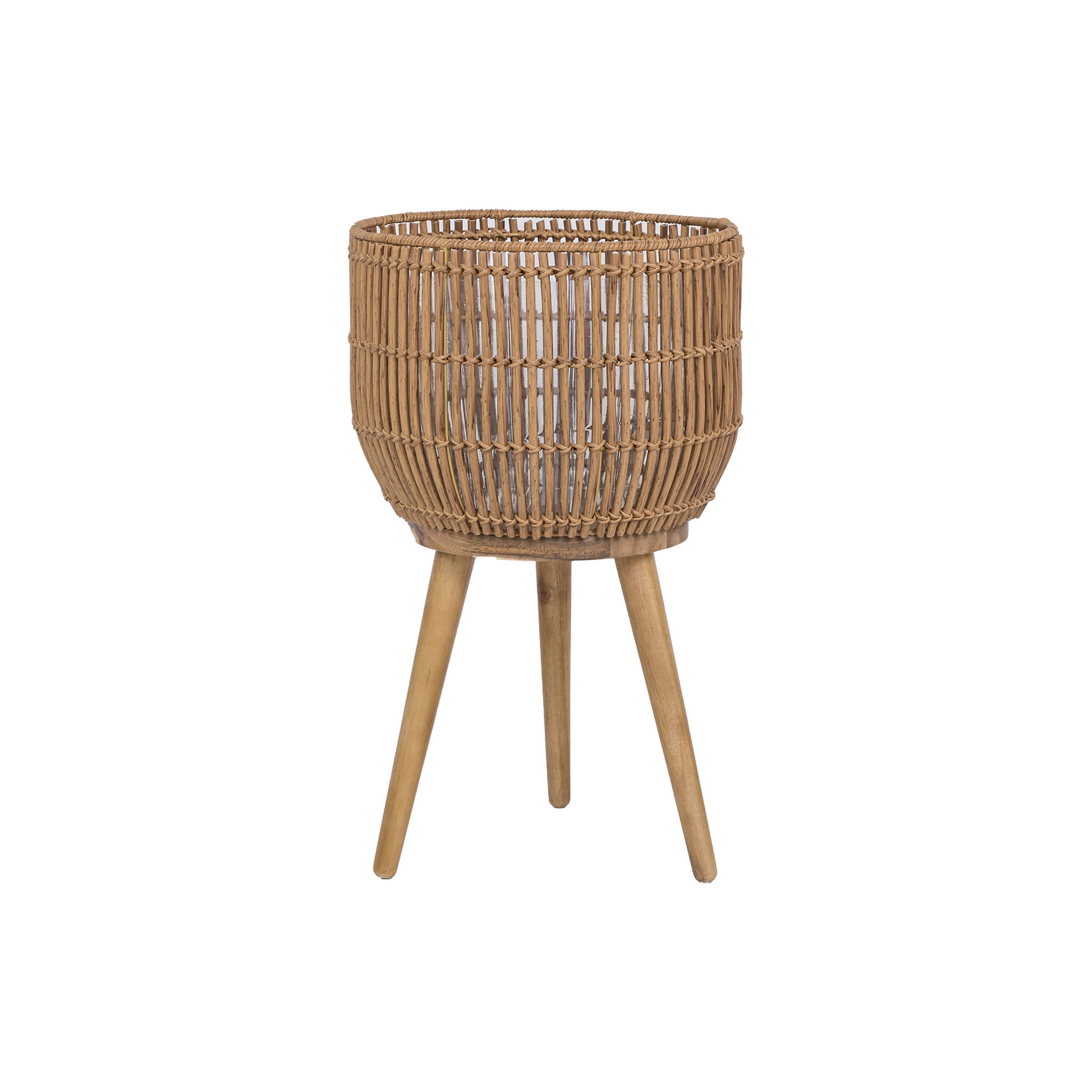 13 Inch round Brown Resin Rattan Planter &amp; Stand with Acacia Wood Legs