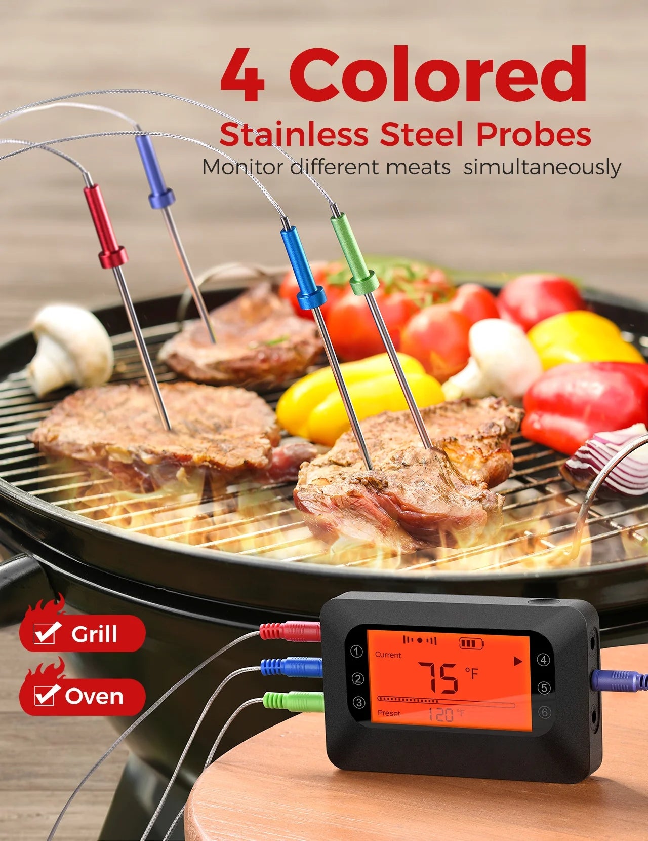 Bluetooth Meat Thermometer with 4 Probes and Remote Monitor