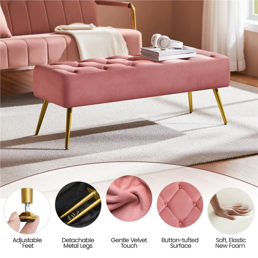 Modern Ottoman Velvet Footstool Bench for Bedroom, Pink