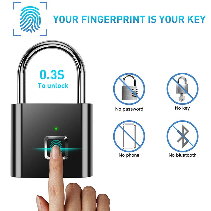 Black Silver USB Rechargeable Fingerprint Smart Lock - Zinc Alloy Security Padlock