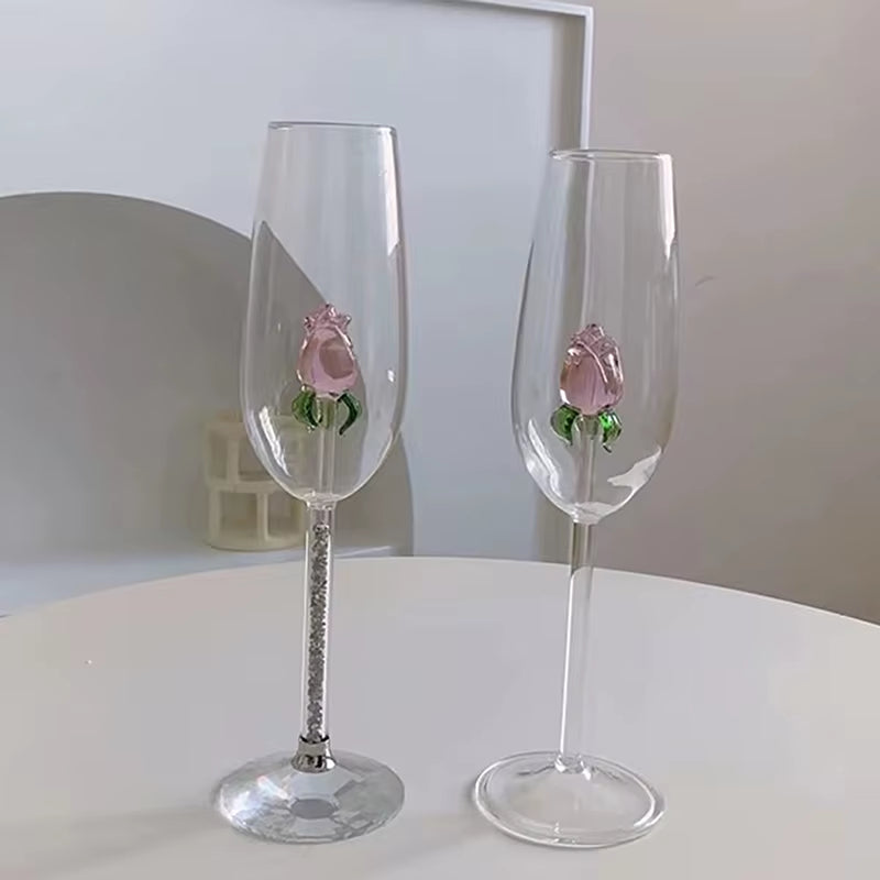 3D Pink Glass Rose Wine Goblet, Red and White Wine Glasses, Perfect Valentine Gift