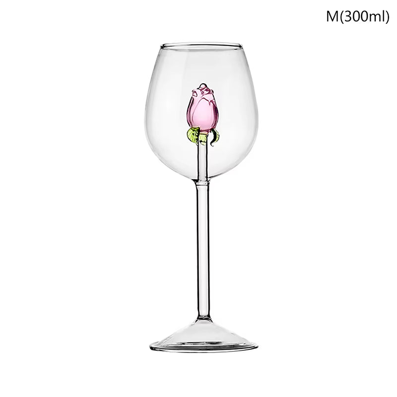 3D Pink Glass Rose Wine Goblet, Red and White Wine Glasses, Perfect Valentine Gift