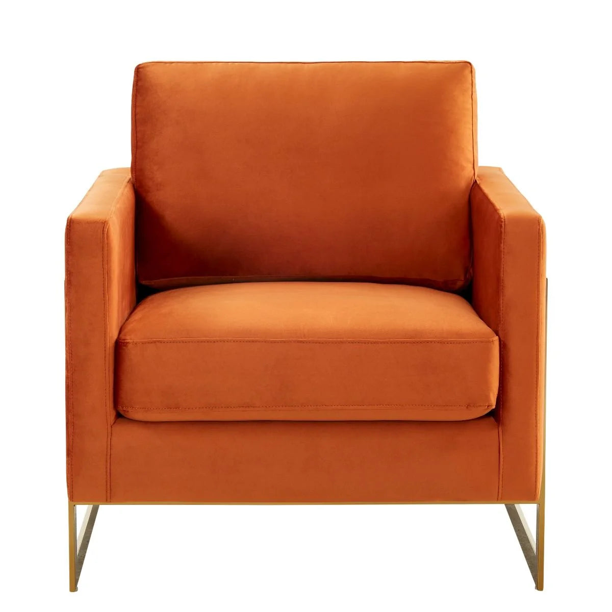 Accent Arm Chair Upholstered in Velvet with Gold Stainless Steel Sled Base and Removable Back and Seat Cushion No Assembly for Home, Bedroom, Office Lincoln Collection in Orange Marmalade