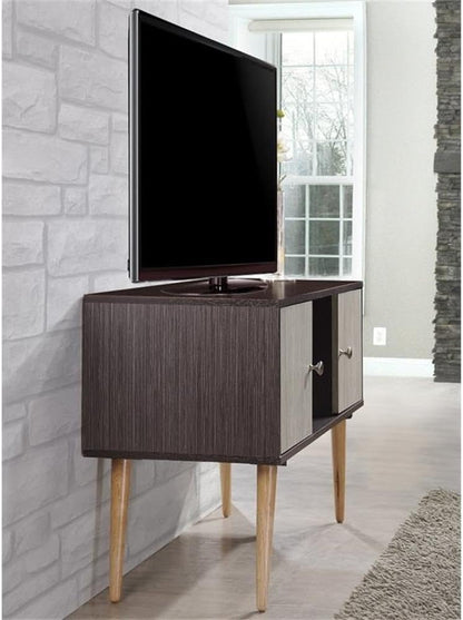 Retro Style TV Stand with Two Storage Doors, and Solid Wood Legs, Chocolate