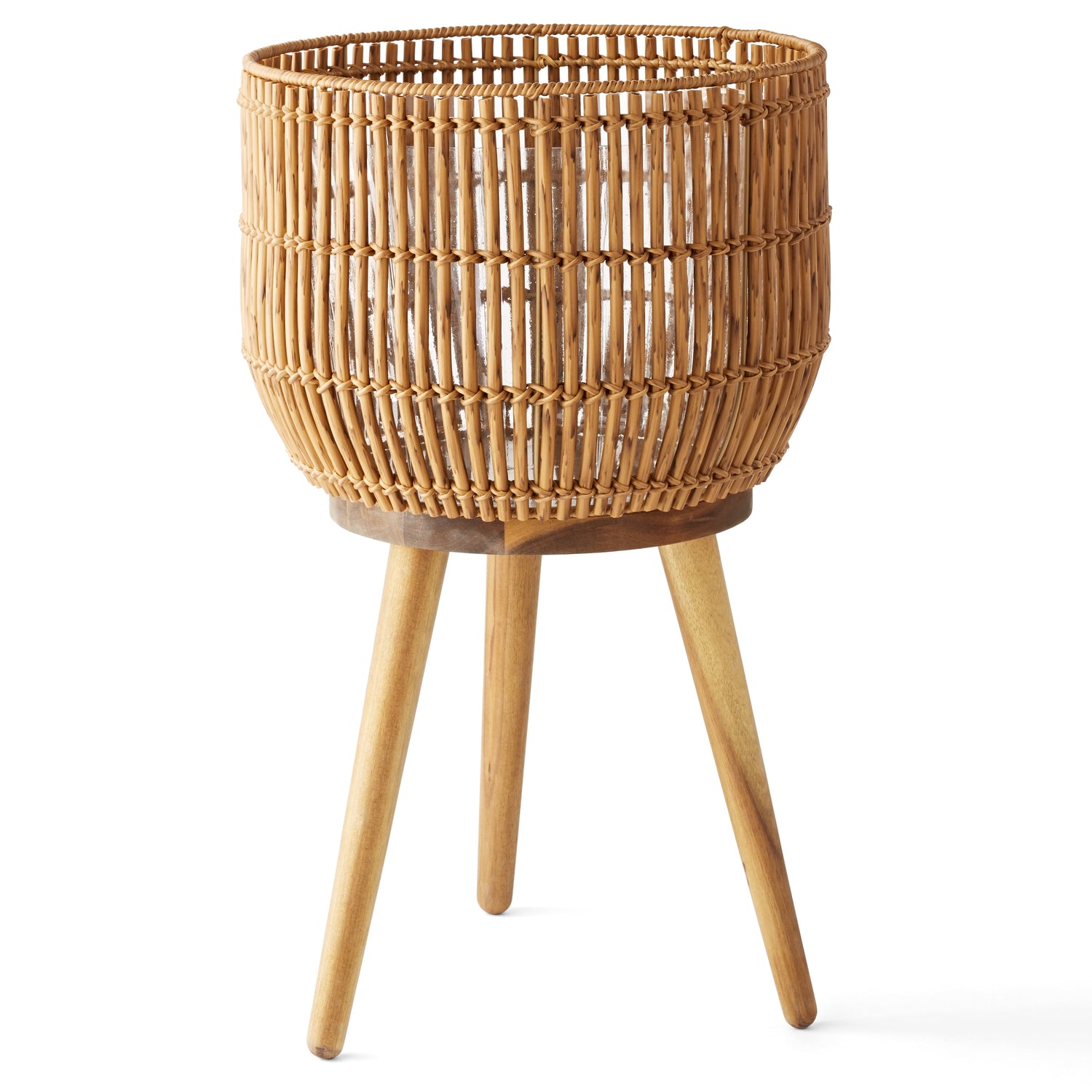 13 Inch round Brown Resin Rattan Planter &amp; Stand with Acacia Wood Legs