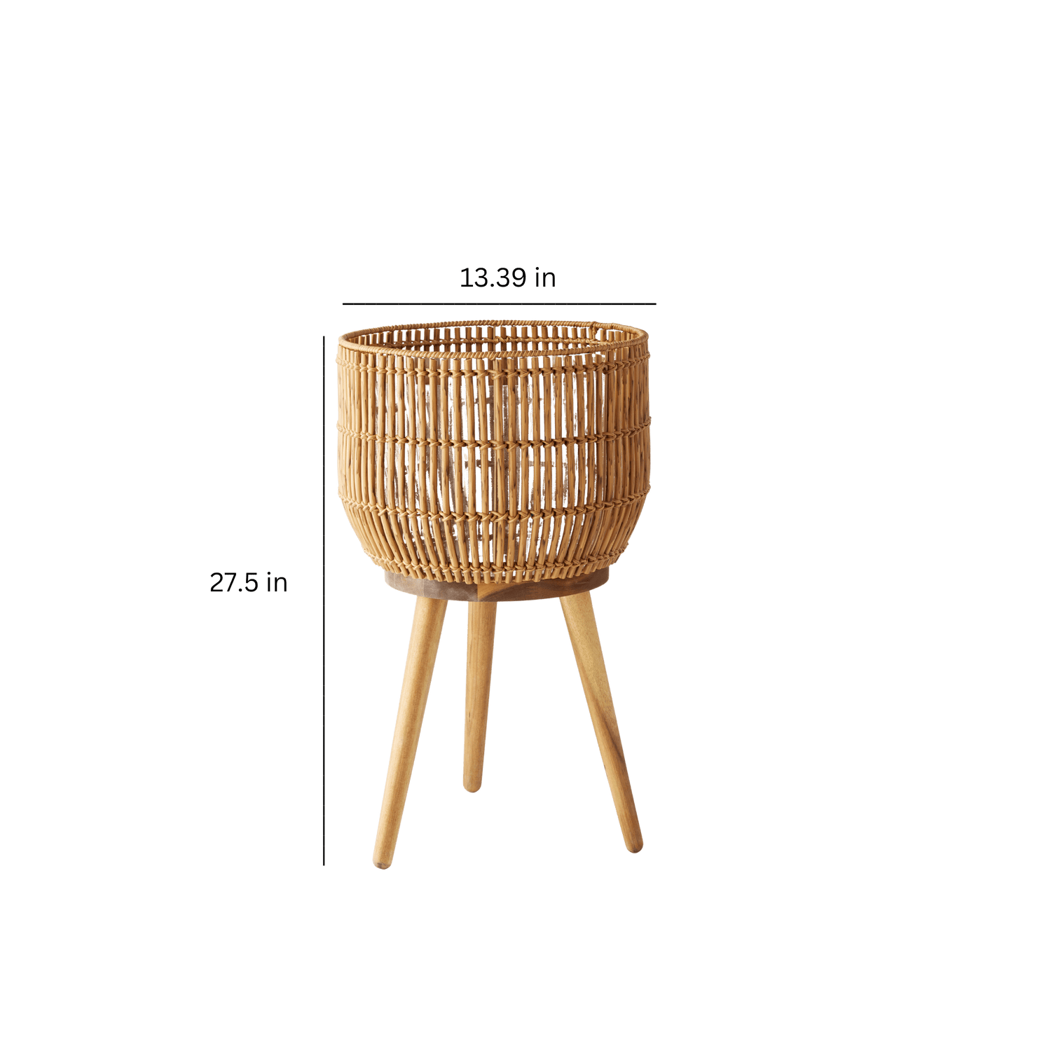 13 Inch round Brown Resin Rattan Planter &amp; Stand with Acacia Wood Legs