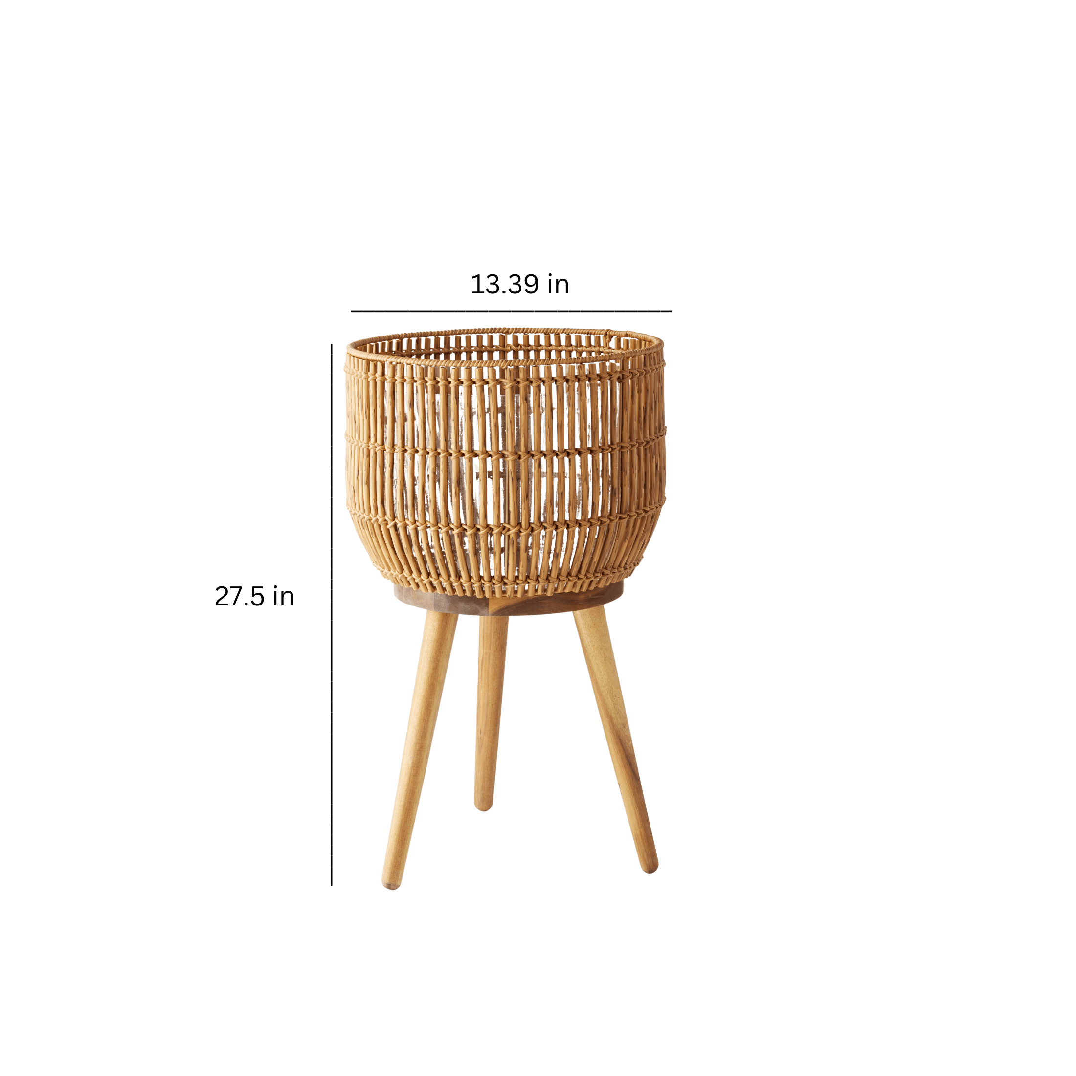 13 Inch round Brown Resin Rattan Planter &amp; Stand with Acacia Wood Legs