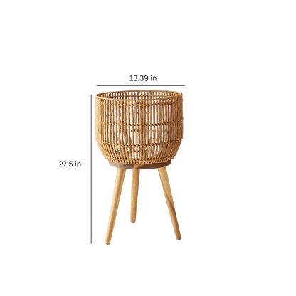 13 Inch round Brown Resin Rattan Planter &amp; Stand with Acacia Wood Legs