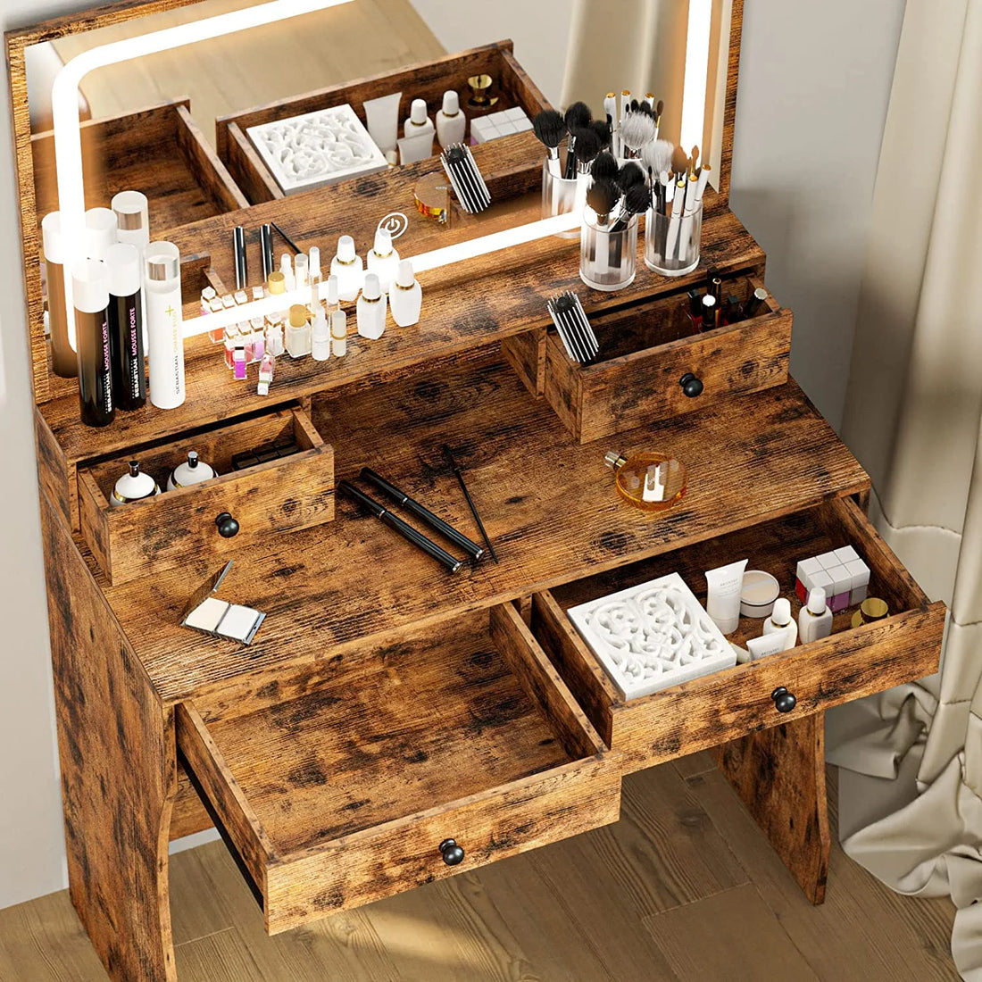 Vintage Brown Vanity Desk Set with LED Mirror, Power Outlet, and 4 Drawers