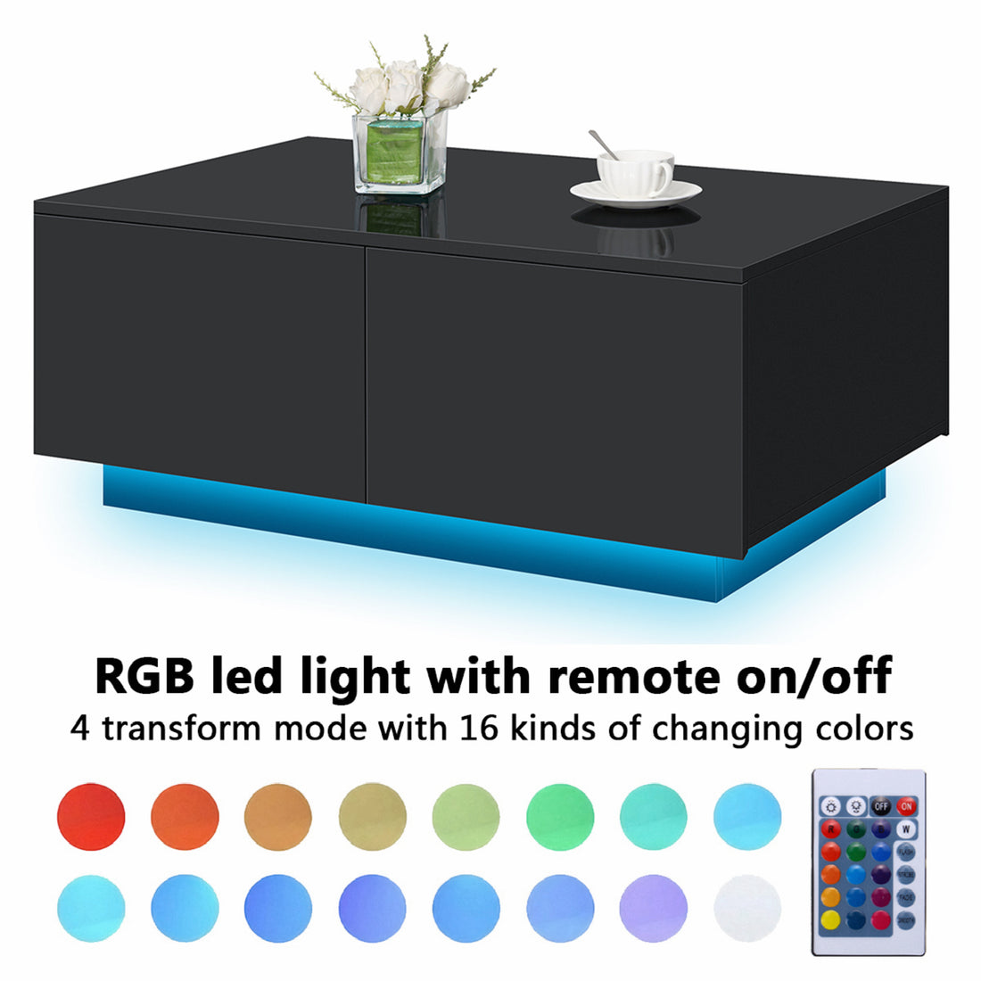 LED Coffee Table with 4 Drawers Center Cocktail Side Table Black High Gloss Finish