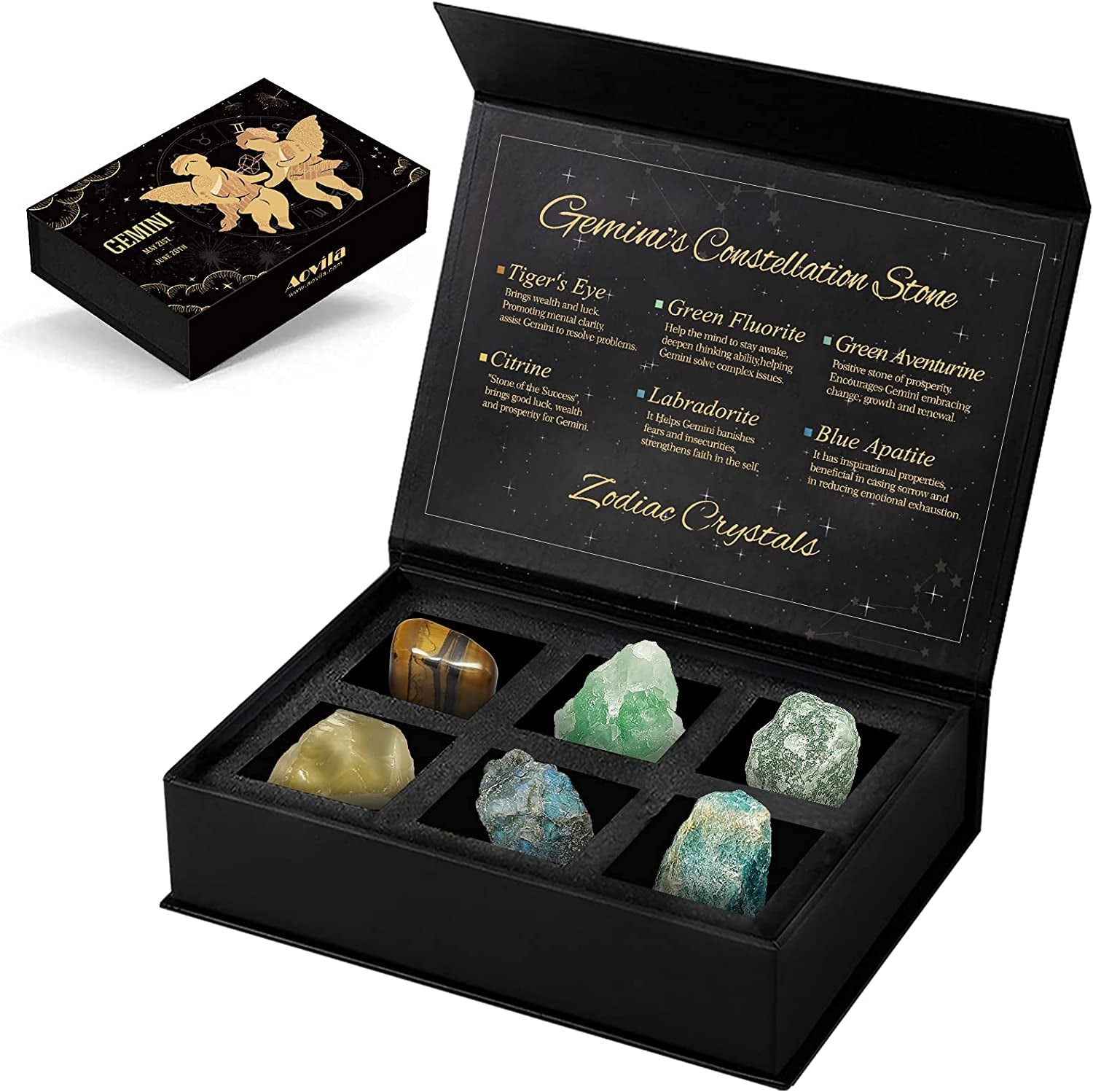 Gemini Crystals Gift Set, Zodiac Signs Healing Crystals Birthstones with Horoscope Box Set Gemini Astrology Crystals Healing Stones Gifts