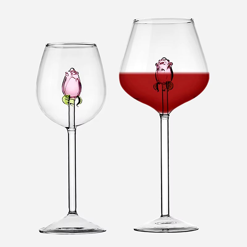 3D Pink Glass Rose Wine Goblet, Red and White Wine Glasses, Perfect Valentine Gift