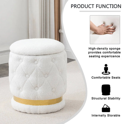 White/Pink Round-Shape Chair Teddy Velvet Makeup Stool Footstool with Storage Space Applicable to Living Room Bedroom Dresser