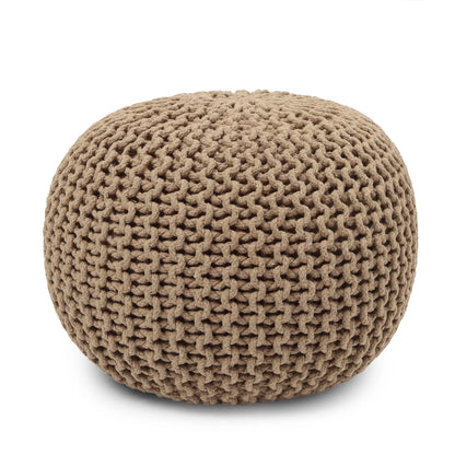 round Pouf Ottoman - Hand Knitted Cable Boho Poof Home Decor Pouffe Circular Footrest for Living Room - Bedroom - Lounge - 100% Cotton (19.5&quot;X19.5&quot;X14&quot;; Beige)