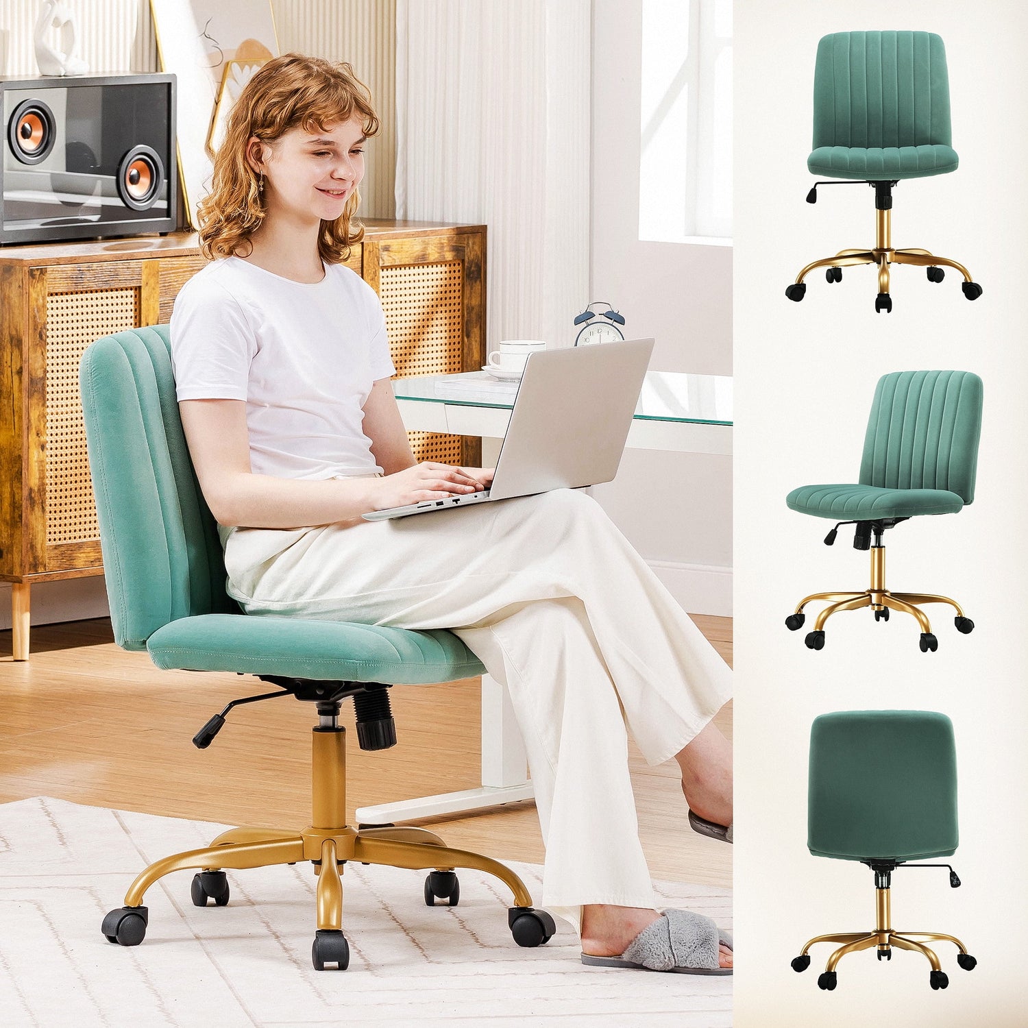 Extra Plush Velvet Channel Upholstered Office Chair, Green Sage