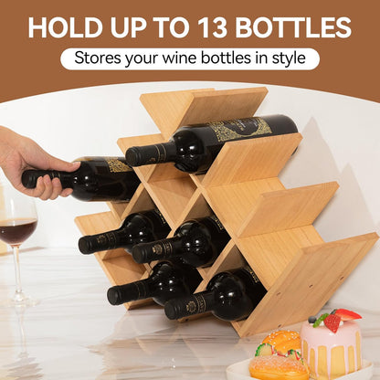 13-Bottle Wooden Wine Rack - 4-Tier Free Standing Display