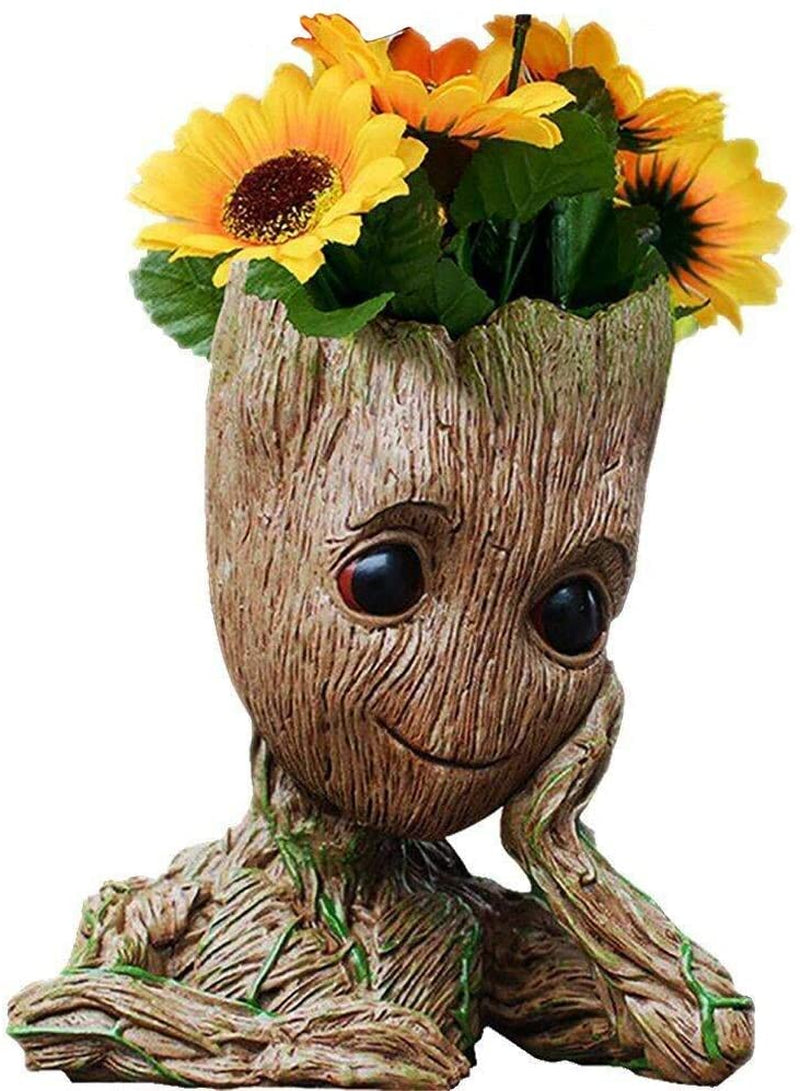 Baby Groot Pen Pot Tree Man Pens Holder or Flower Pot with Drainage Hole Perfect for a Tiny Succulents Plants 6&quot; (Grayish Brown)