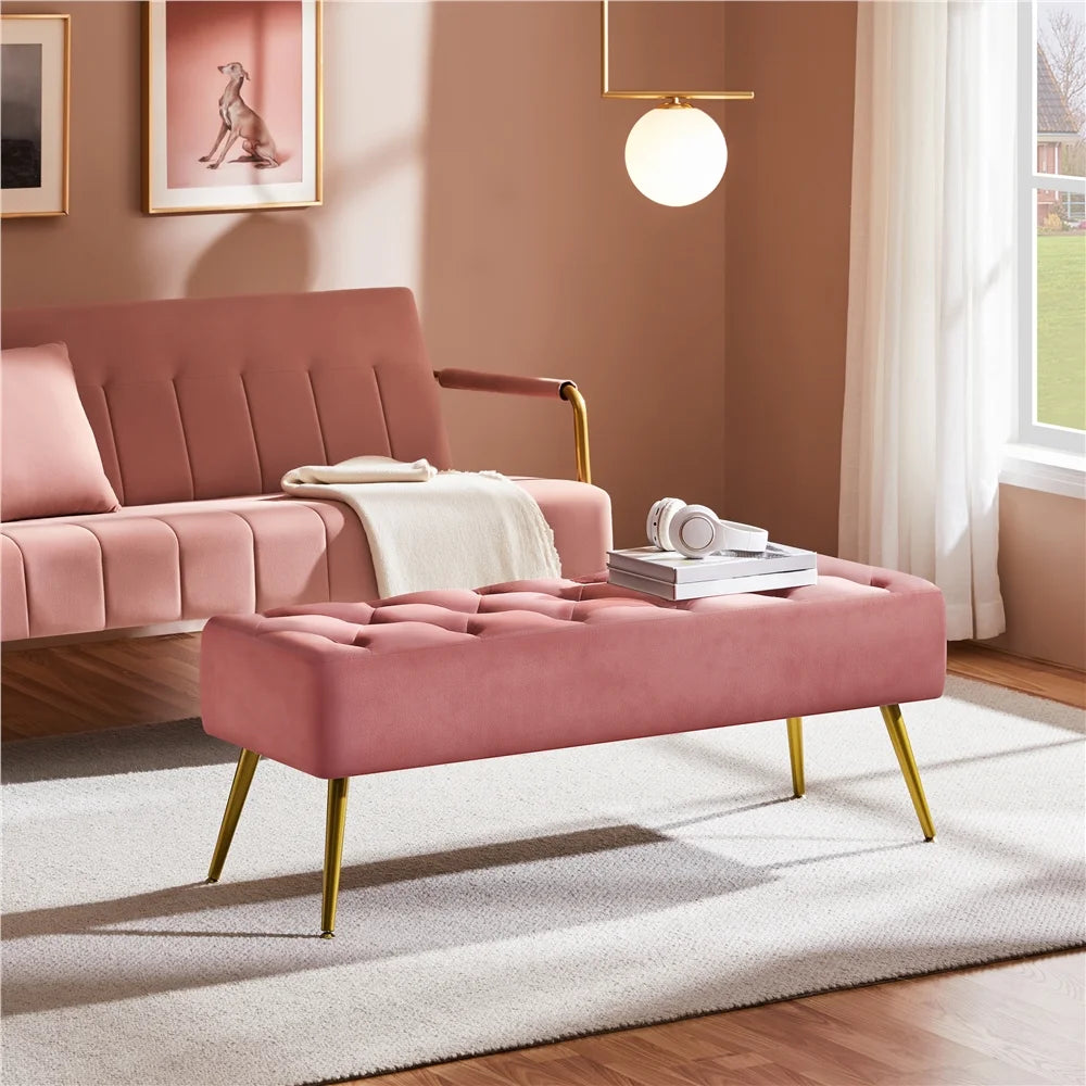 Modern Ottoman Velvet Footstool Bench for Bedroom, Pink