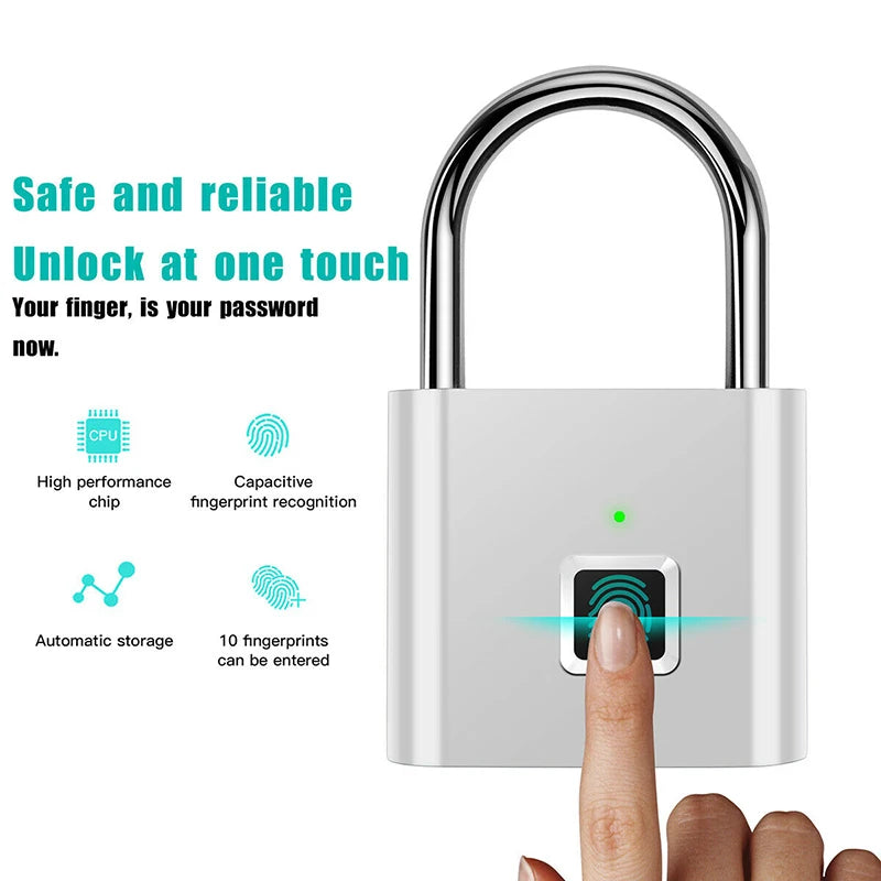 Black Silver USB Rechargeable Fingerprint Smart Lock - Zinc Alloy Security Padlock