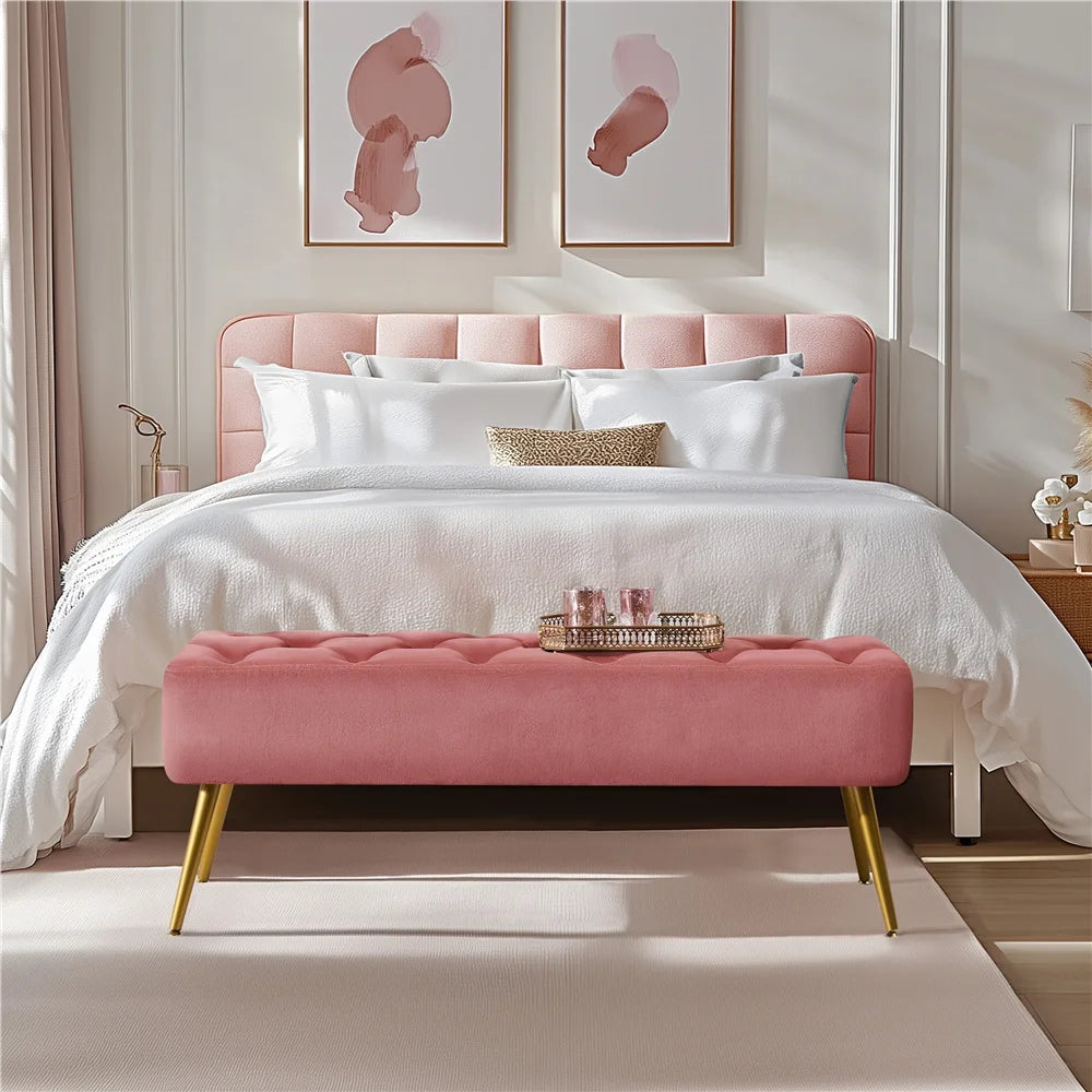 Modern Ottoman Velvet Footstool Bench for Bedroom, Pink