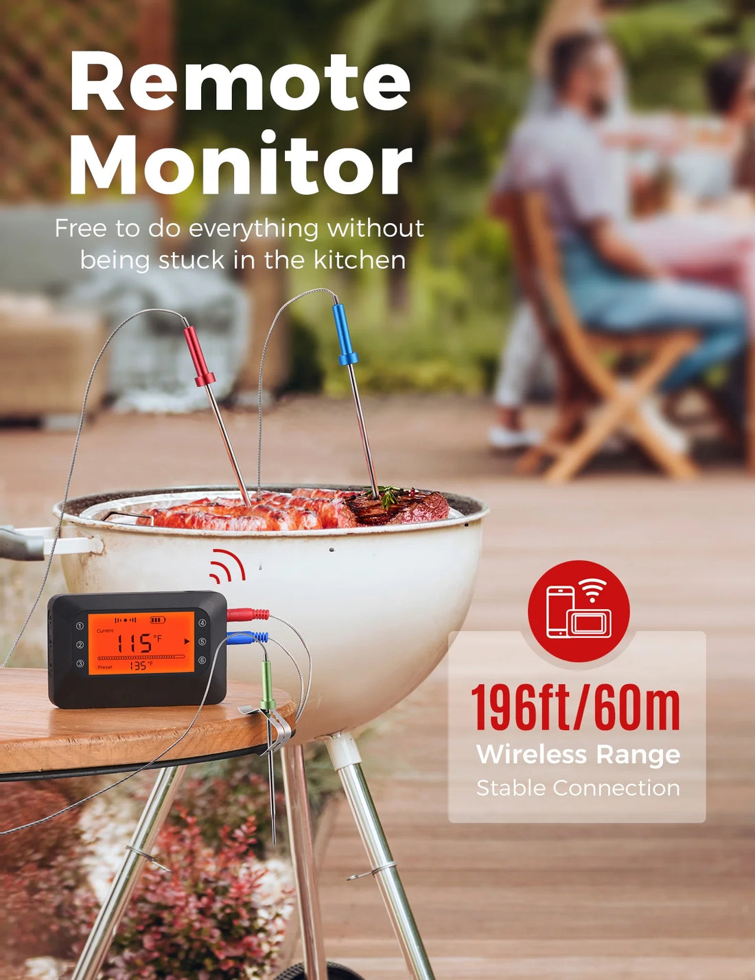 Bluetooth Meat Thermometer with 4 Probes and Remote Monitor