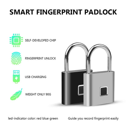 Black Silver USB Rechargeable Fingerprint Smart Lock - Zinc Alloy Security Padlock