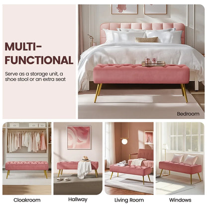 Modern Ottoman Velvet Footstool Bench for Bedroom, Pink