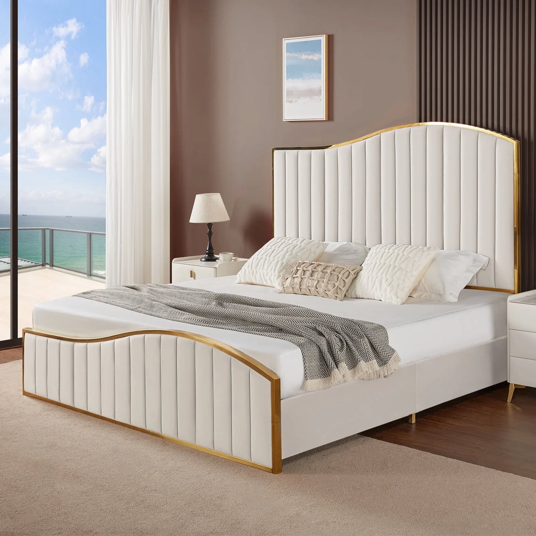 King Size Platform Bed Frame with Vertical Channel Gold Trim Headboard &amp; Footboard, Cream