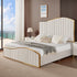 King Size Platform Bed Frame with Vertical Channel Gold Trim Headboard & Footboard, Cream