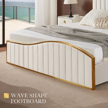 King Size Platform Bed Frame with Vertical Channel Gold Trim Headboard &amp; Footboard, Cream