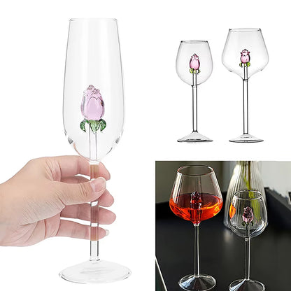 3D Pink Glass Rose Wine Goblet, Red and White Wine Glasses, Perfect Valentine Gift