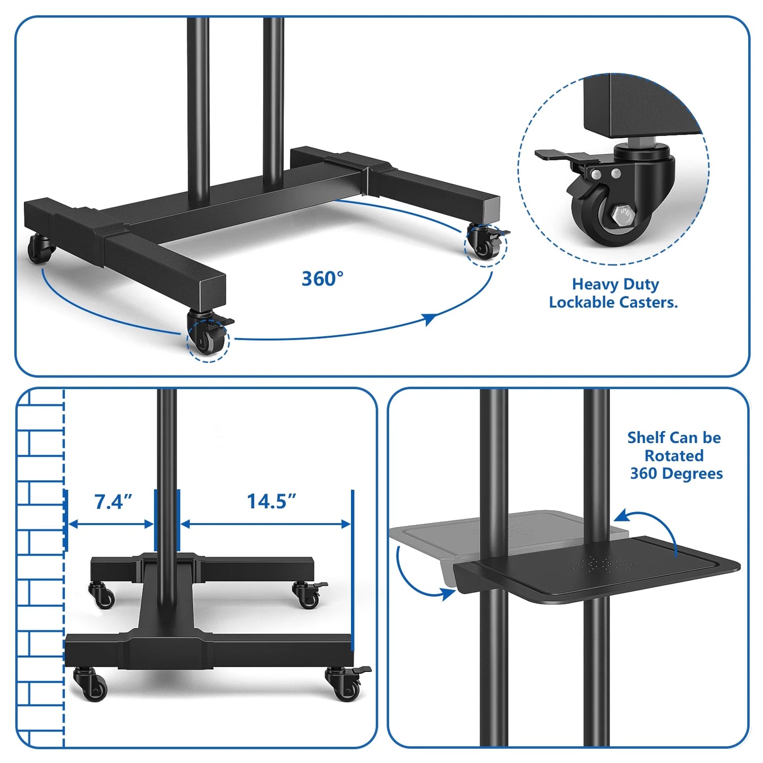 Modern Black Mobile TV Stand Rolling Cart with Wheels for 27 to 60 Inch Tvs, Black Metal Shelf