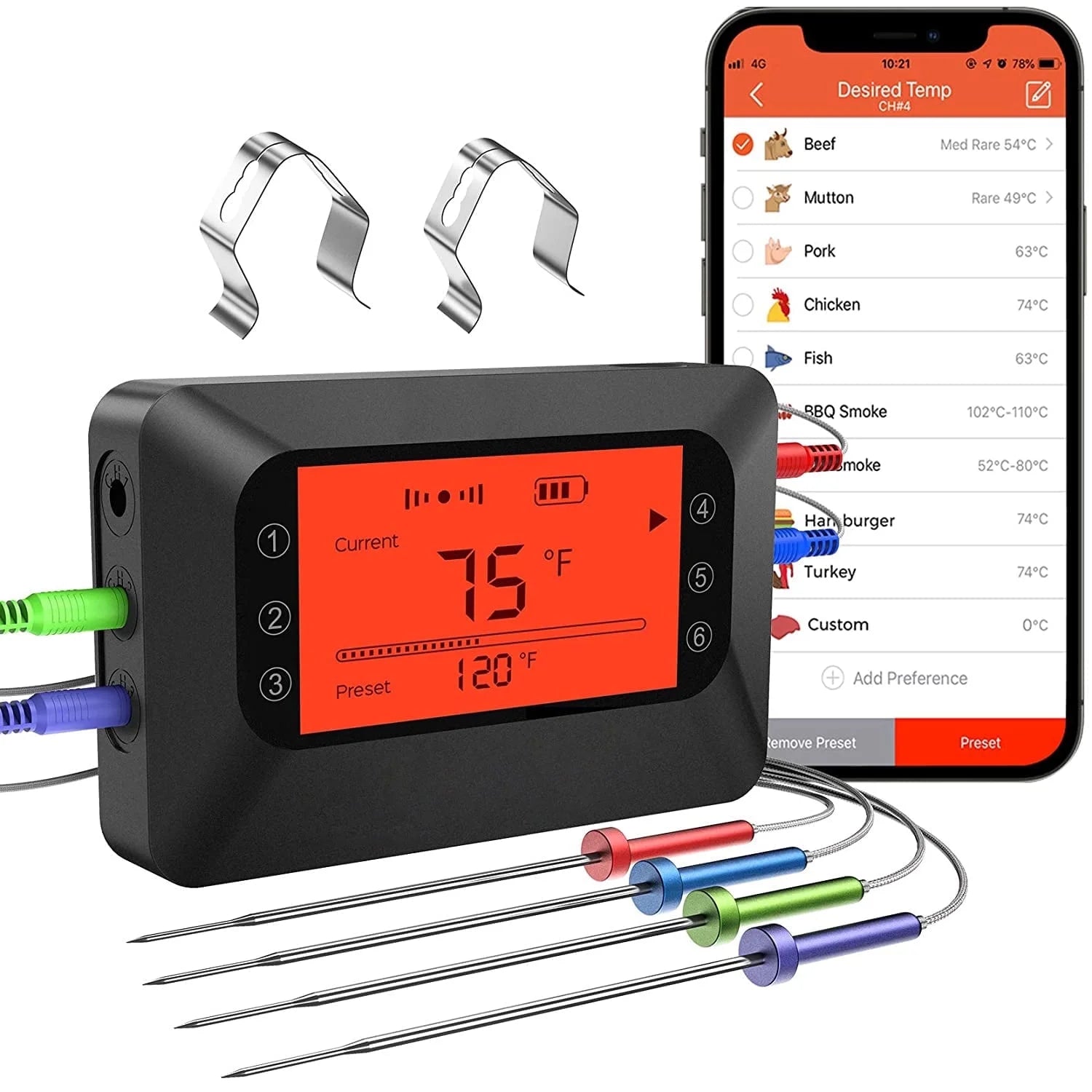 Bluetooth Meat Thermometer with 4 Probes and Remote Monitor