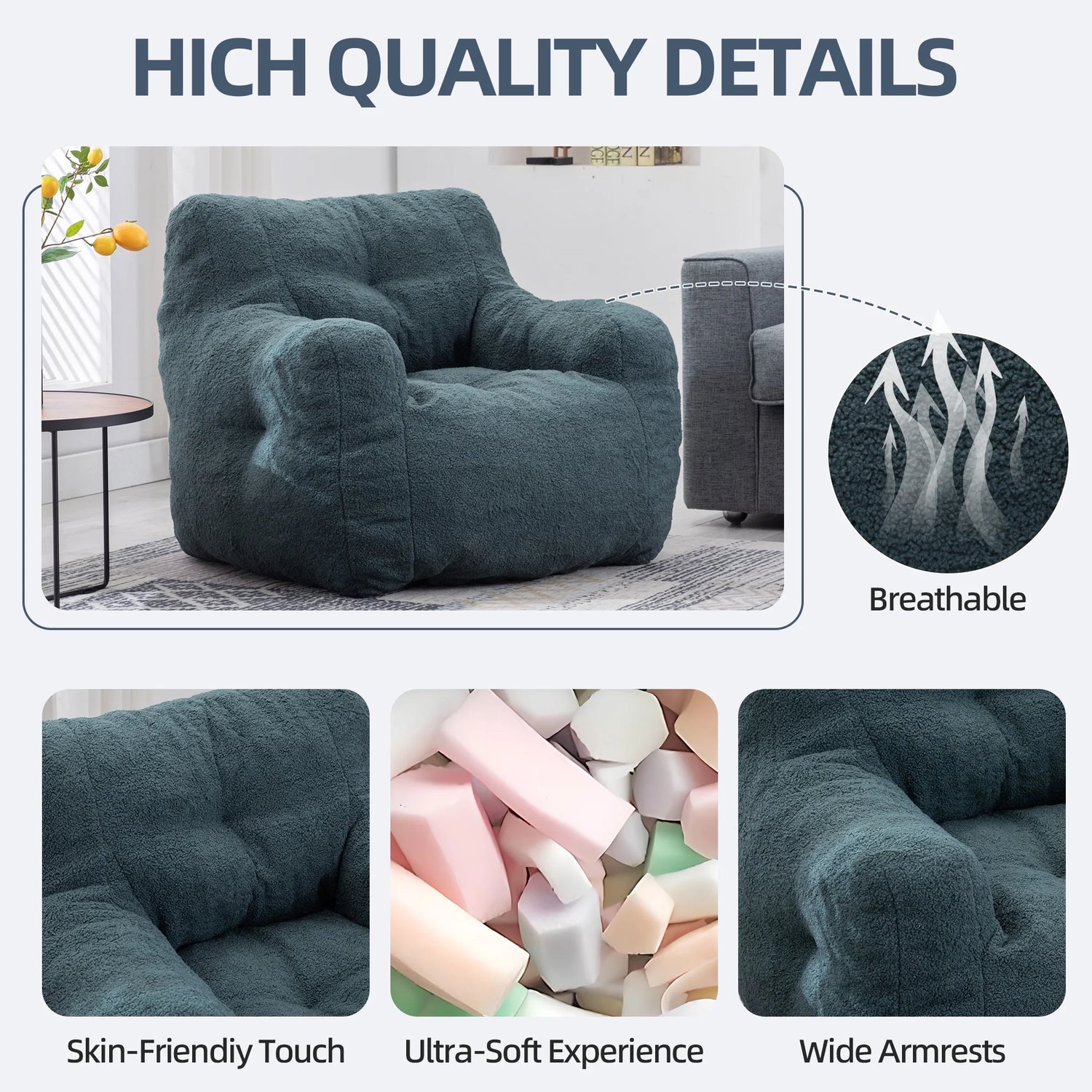 Bean Bag Chairs, Soft Tufted Foam Lazy Sofa with Teddy Fabric for Dorm Bedroom Living Room, Single Leisure Accent Sofa Chair for Adults Teens, Green