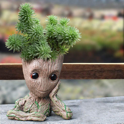 Baby Groot Pen Pot Tree Man Pens Holder or Flower Pot with Drainage Hole Perfect for a Tiny Succulents Plants 6&quot; (Grayish Brown)