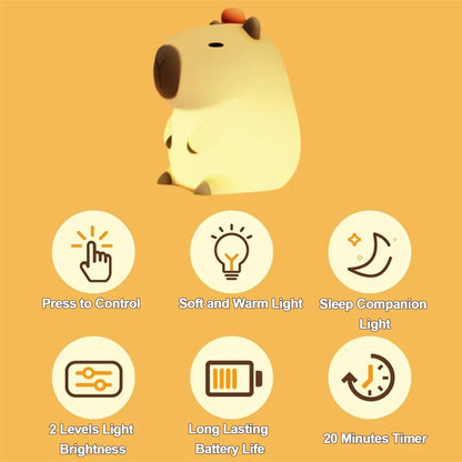 Silicone Capybara Night Lights Portable USB Rechargeable Animal Touch Control Lamp with Timing Function for Home Bedroom Decor